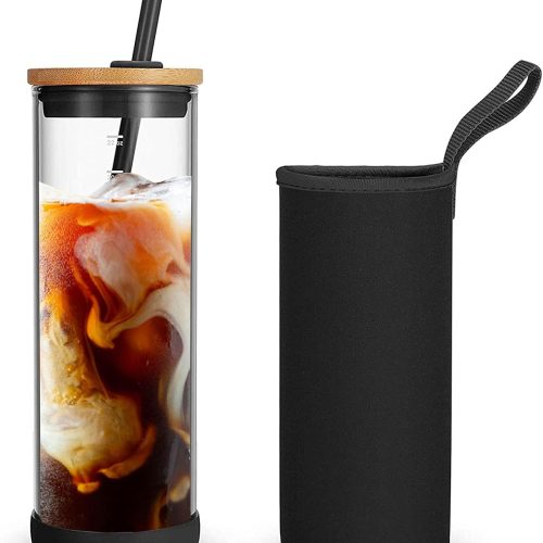 Glass Tumbler Coffee Cup with Bamboo Lid and Nylon Sleeve