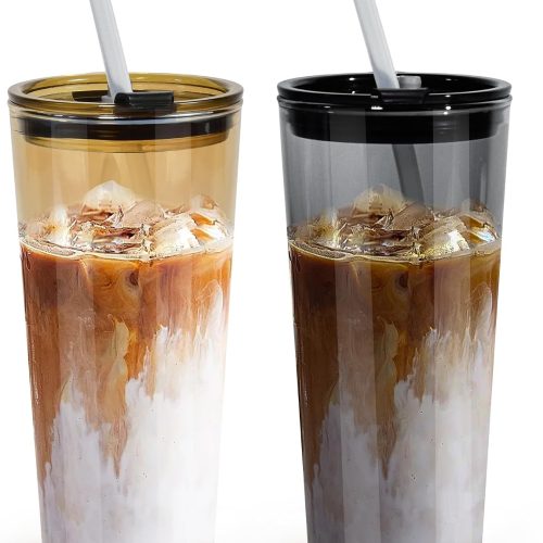 Glass Tumbler Coffee Cup Set with Leak Proof Lids and Silicone Straws