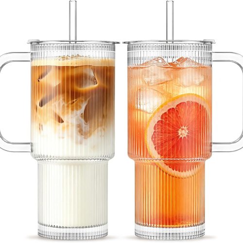 Ribbed Glass Tumbler Coffee Cup with Spill Resistant Lid and Straw
