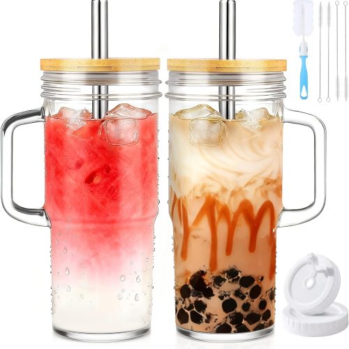 Glass Tumbler Coffee Cup with Bamboo Lid and Stainless Steel Straw