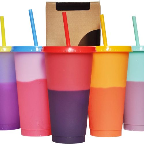 Color Changing Plastic Tumbler Coffee Cup Set with Lids and Straws